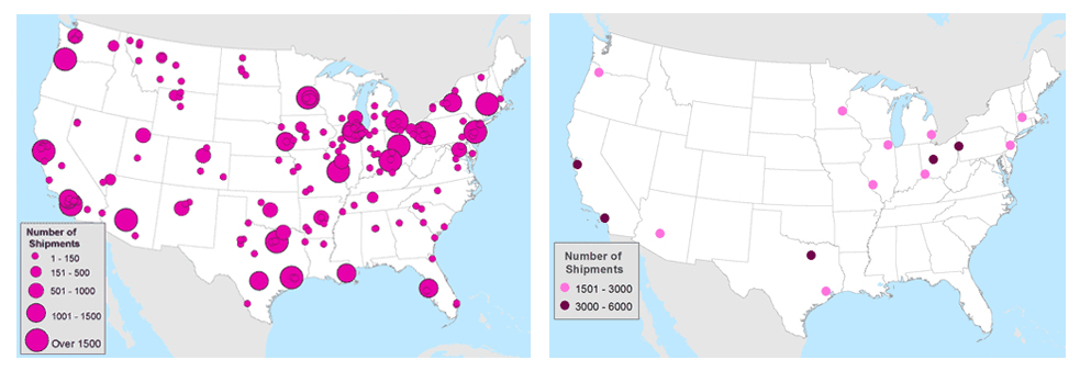 Hazardous Material Shipments- Each map represents the same data, yet tells a very different story about the number of hazardous material shipments between 1948 and 1993.  The map on the left shows a "Nationwide Epidemic" while the map on the right depicts the locations of "90% of hazardous material shipments."