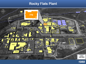 Rocky Flats Plant â€“ a basic overview of site identifying specific locations of interest at the plant site.
